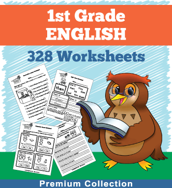 1st grade English worksheets next to our owl mascot
