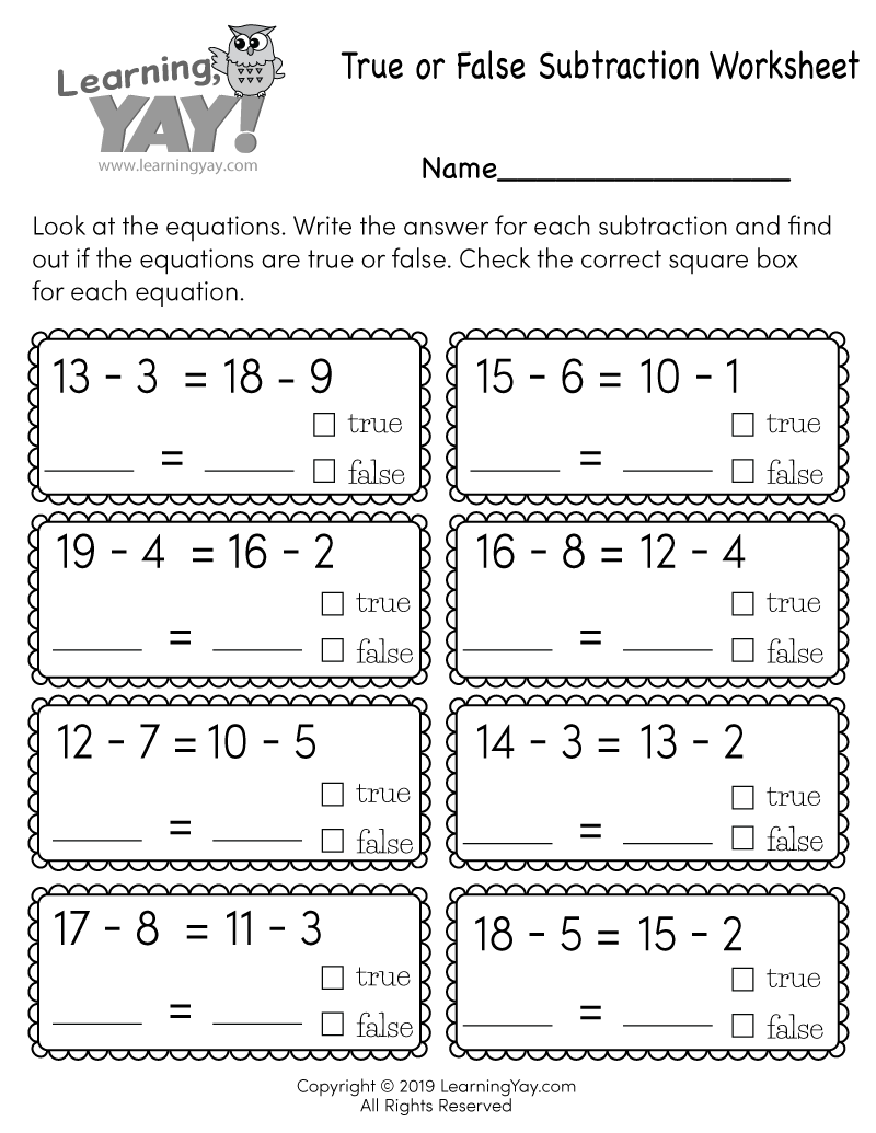 true or false subtraction worksheet for 1st grade free printable